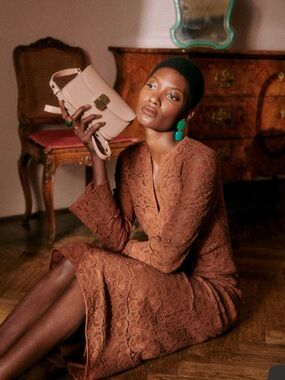 Sezane Fama Dress Rust Brown Lace Long-Sleeve Dress